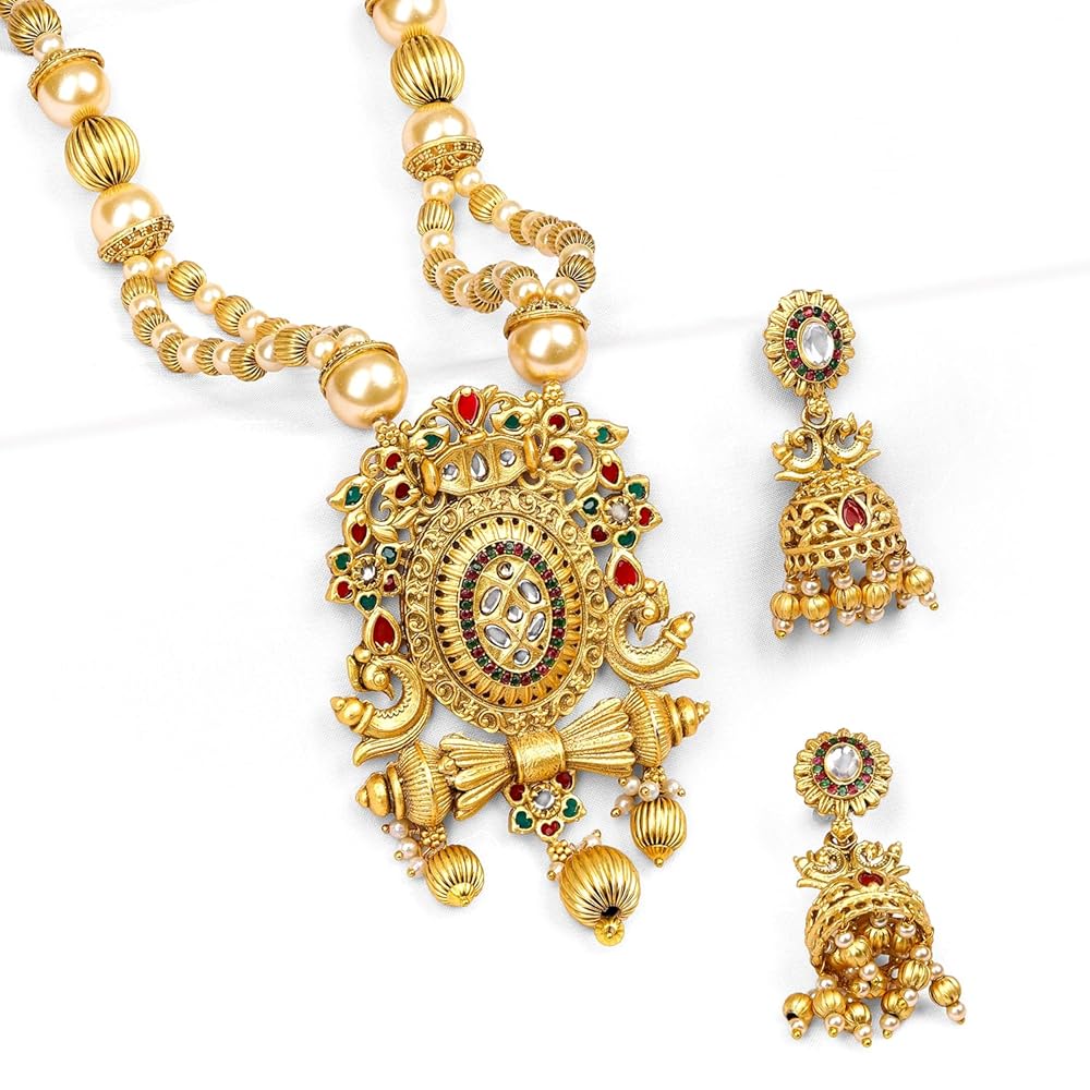 Rubans 22K Gold-Plated Handcrafted Artificial Jewelry Set with Ruby, Emerald Kundan Studs & Gold Beads with Earrings For Women and Girls – Perfect for Weddings and Special...