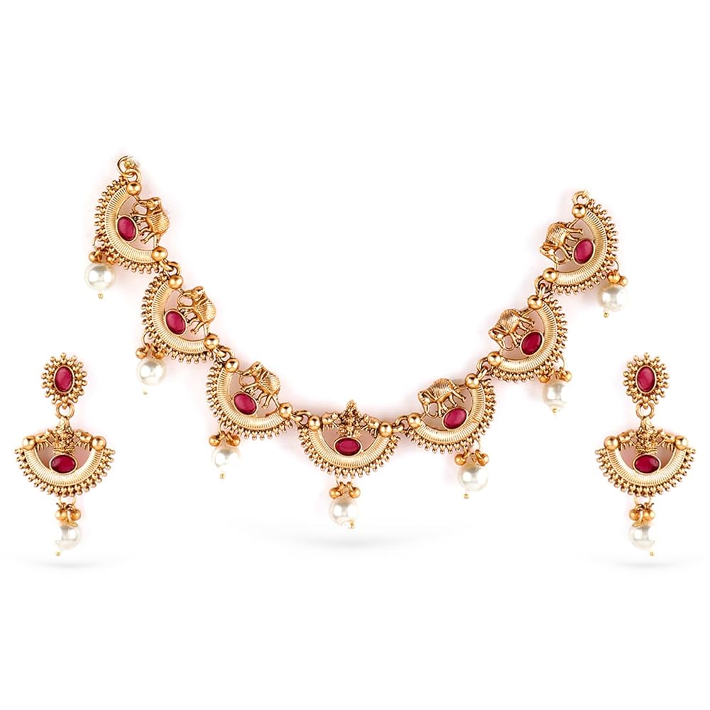 Rubans 22K Gold-Plated Handcrafted Artificial Statement Jewelry Set with Stone Studded & Matching Earrings For Women and Girls – Perfect for Weddings and Special Occasions