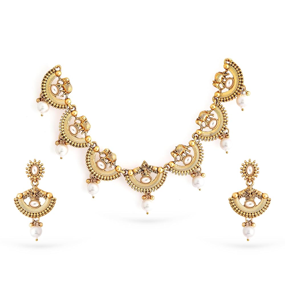 Rubans 22K Gold-Plated Handcrafted Artificial Statement Jewelry Set with Stone Studded & Matching Earrings For Women and Girls – Perfect for Weddings and Special Occasions