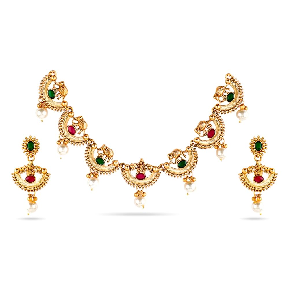Rubans 22K Gold-Plated Handcrafted Artificial Statement Jewelry Set with Stone Studded & Matching Earrings For Women and Girls – Perfect for Weddings and Special Occasions