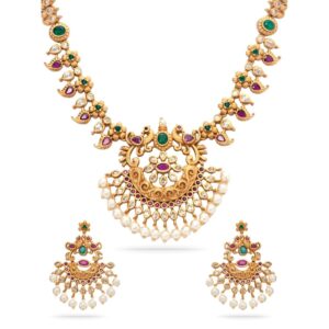 Rubans 22K Gold-Plated Handcrafted Artificial Temple Jewelry Set with Ruby, Emearld Studs & Pearl Beaded with Earrings For Women and Girls – Perfect for Weddings and Special...