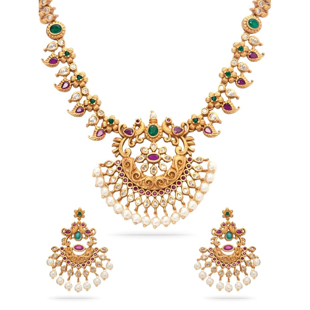 Rubans 22K Gold-Plated Handcrafted Artificial Temple Jewelry Set with Ruby, Emearld Studs & Pearl Beaded with Earrings For Women and Girls – Perfect for Weddings and Special...