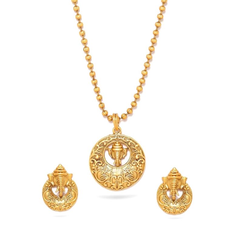 Rubans 22K Gold-Plated Handcrafted Pendat Artificial Temple Jewelry Set-Stone Studded & Golden Beaded with Matching Earrings For Women and Girls – Perfect for Weddings and...