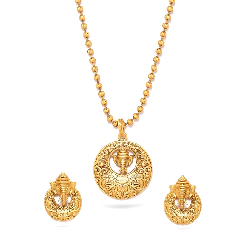 Rubans 22K Gold-Plated Handcrafted Pendat Artificial Temple Jewelry Set-Stone Studded & Golden Beaded with Matching Earrings For Women and Girls – Perfect for Weddings and...