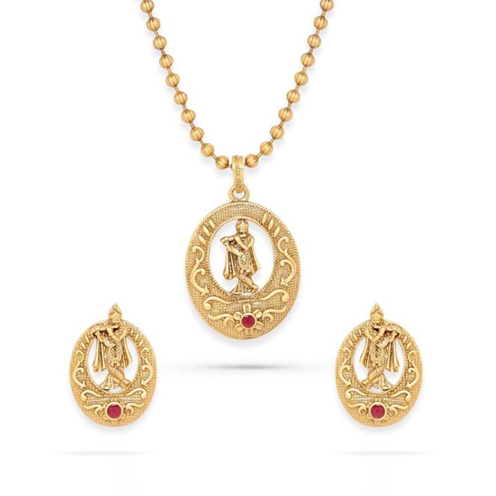 Rubans 22K Gold-Plated Handcrafted Pendat Artificial Temple Jewelry Set-Stone Studded & Golden Beaded with Matching Earrings For Women and Girls – Perfect for Weddings and...