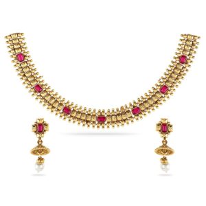 Rubans 22K Gold-Plated Handcrafted Stone Studded Necklace Set with Gold Beads and Pearl Drops with Earrings For Women and Girls – Perfect for Weddings and Special Occasions