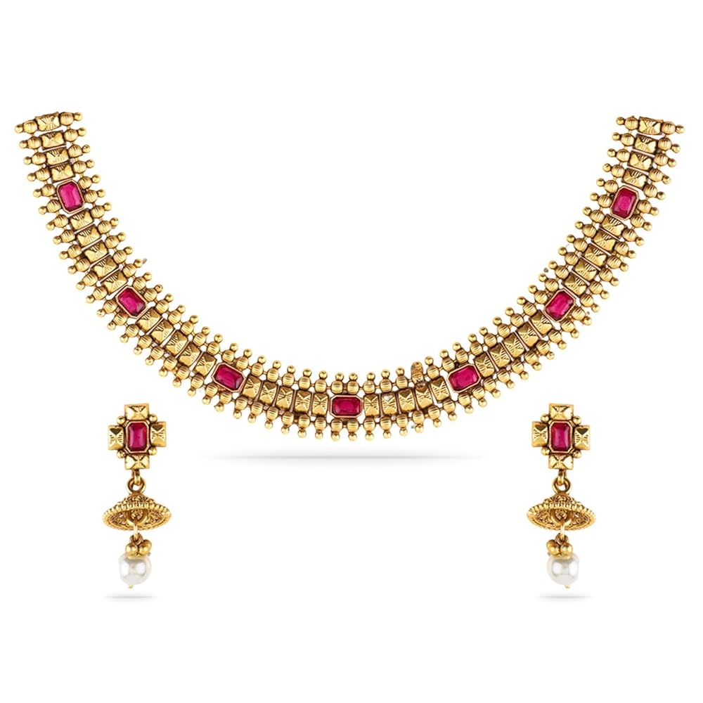 Rubans 22K Gold-Plated Handcrafted Stone Studded Necklace Set with Gold Beads and Pearl Drops with Earrings For Women and Girls – Perfect for Weddings and Special Occasions