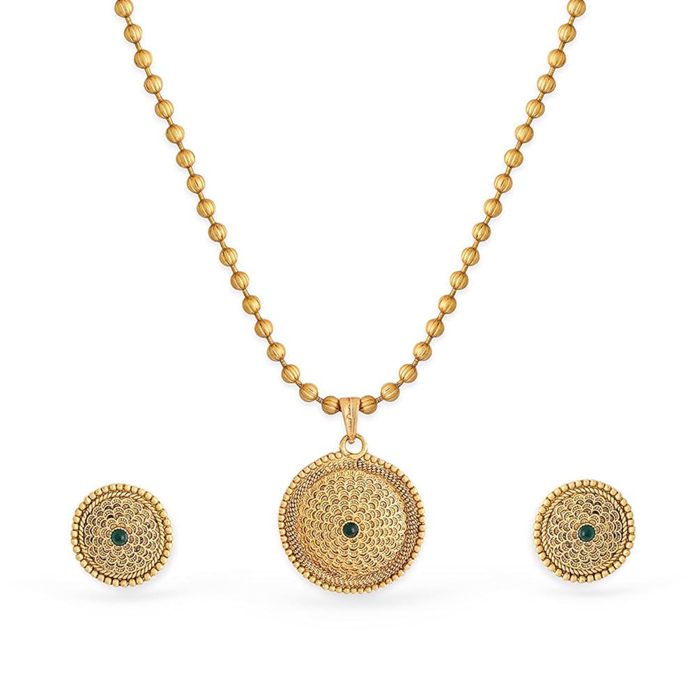 Rubans 22K Gold-Plated Intricate Green Stone and Golden beade Traditional Jewellery Set