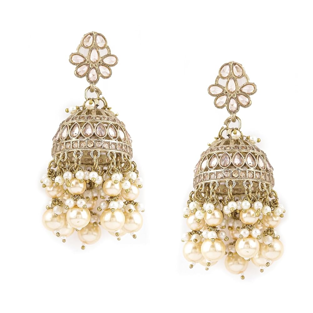 Rubans 22K Gold-Plated Kundan Studded Peach & White Pearl Beaded Handcrafted Dome Jhumkas For Women