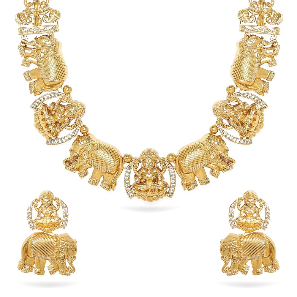 Rubans 22K Gold-Plated Lakshmi & Elephant Motifs Temple Jewellery Set with Accents For Women and Girls – Perfect for Weddings and Special Occasions