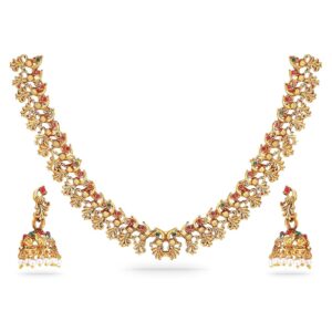 Rubans 22k Gold-Plated Red & Green Stone Studded Handcrafted Traditional Temple Jewellery Set For Women