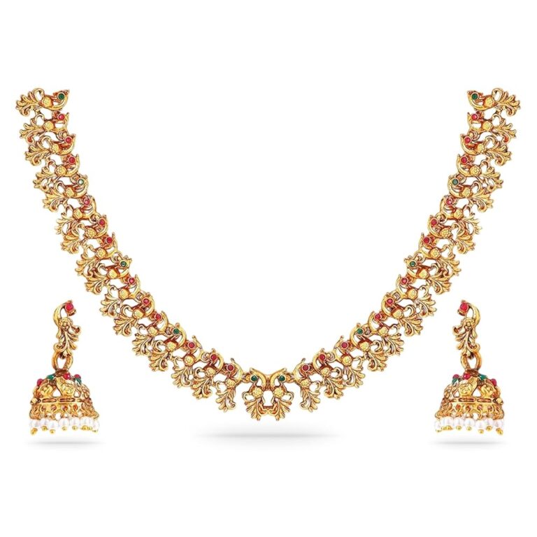 Rubans 22k Gold-Plated Red & Green Stone Studded Handcrafted Traditional Temple Jewellery Set For Women