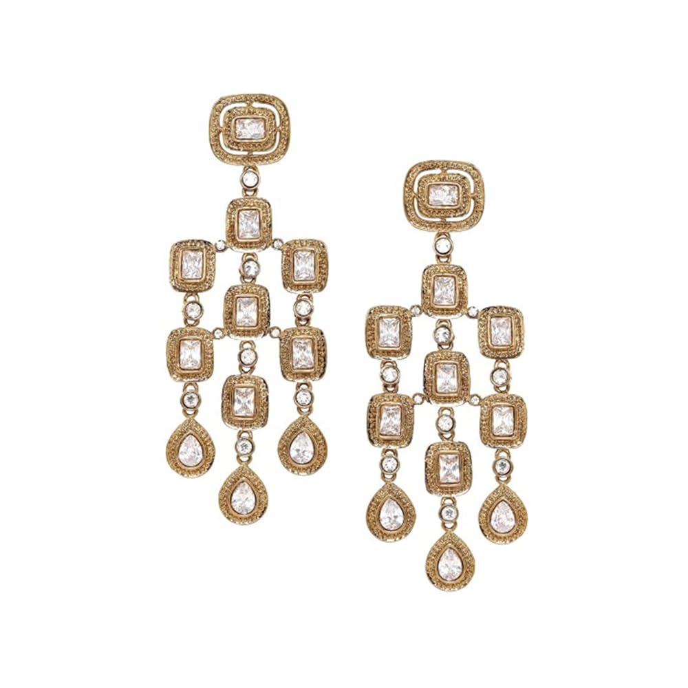 Rubans 22K Gold-Plated/Rhodium-Plated Chandelier Earrings - Cubic Zirconia Studded Antique Traditional Chandelier Earrings for Womens & Girls