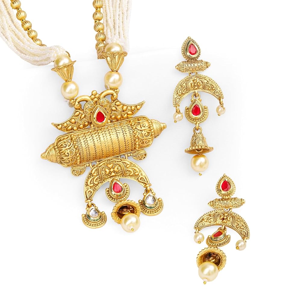 Rubans 22K Gold-Plated Ruby & Kundan Studded Multi-Strand Pearl Beaded Temple Necklace Set for Womens & Girls