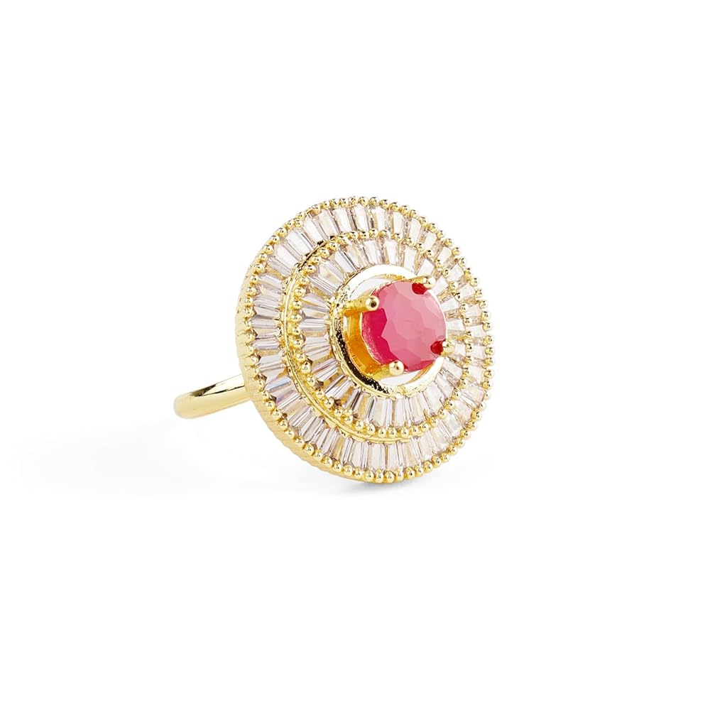 Rubans 22K Gold Plated Ruby Pink & White Cubic Zirconia Studded Adjustable Finger Ring for Women & Girls – Ring with Baguette and Round Stones
