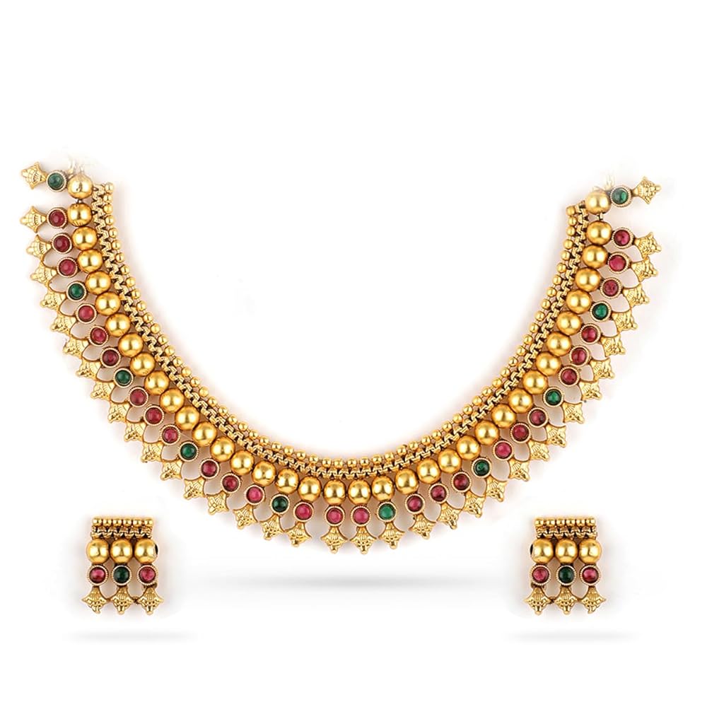 Rubans 22K Gold-Plated Stone Studded with Beads Traditional Necklace Set For Women and Girls – Perfect for Weddings and Special Occasions
