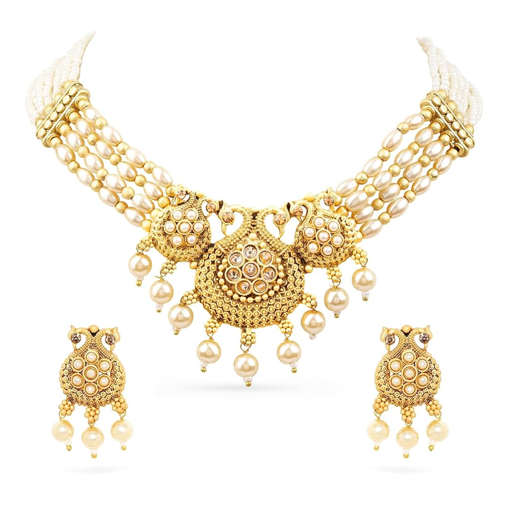 Rubans 22K Gold-Plated White Kundan Studded Pearl Beaded Handcrafted Peacock Motif Choker Necklace Set for Women Bridal & Festivals