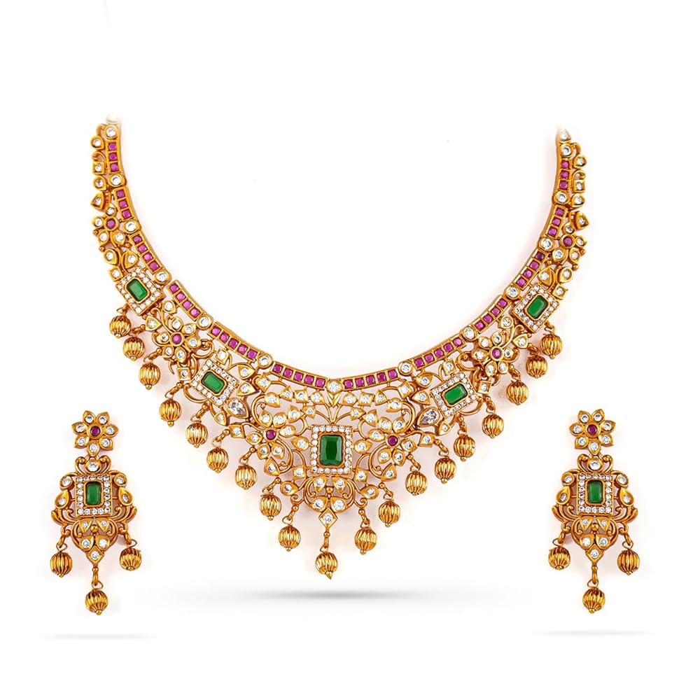 Rubans 22K Gold-Plated White Pink Faux Ruby Studded Beaded Jewellery Set For Women