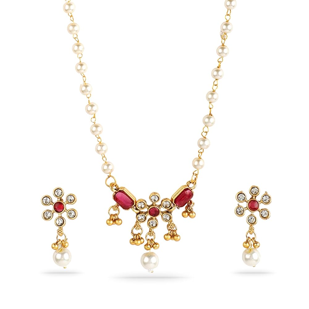 Rubans 22KT Gold Plated Stone Studded Beaded Pendant Set For Women and Girls – Perfect for Weddings and Special Occasions