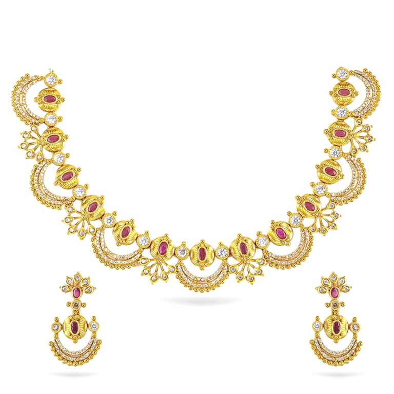 Rubans 24K Gold-Plated Cubic Zirconia & Pearl Beaded Temple Jewellery Set in Crescent Motif Design for Women – Weddings, Festive Occasions & Traditional Ceremonies