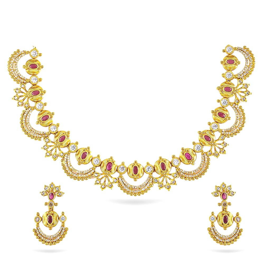 Rubans 24K Gold-Plated Cubic Zirconia & Pearl Beaded Temple Jewellery Set in Crescent Motif Design for Women – Weddings, Festive Occasions & Traditional Ceremonies
