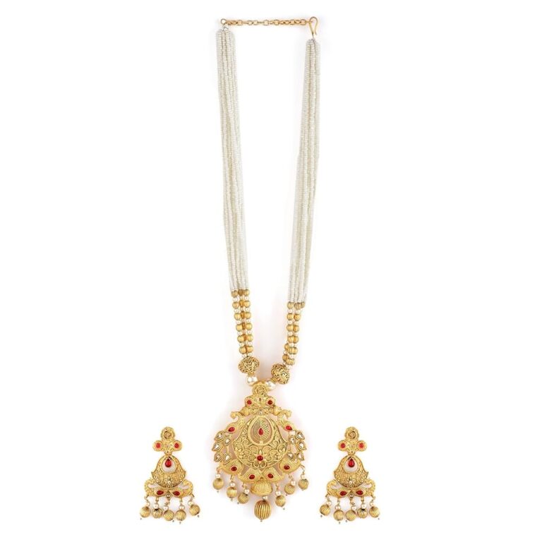 Rubans 24K Gold-Plated Handcrafted Artificial Filigree Temple Jewelry Set-Ruby Stones & Pearl Beaded Multistrand with Matching Earrings For Women and Girls–Perfect for Weddings...