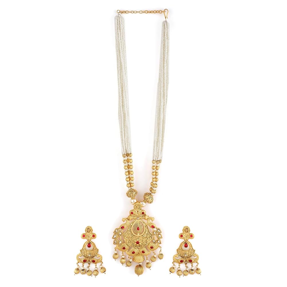 Rubans 24K Gold-Plated Handcrafted Artificial Filigree Temple Jewelry Set-Ruby Stones & Pearl Beaded Multistrand with Matching Earrings For Women and Girls–Perfect for Weddings...