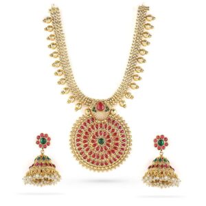 Rubans 24K Gold-Plated Handcrafted Artificial Temple Jewelry Set with Ruby, Emerlad Studded And Matching Jhumkas For Women and Girls – Perfect for Weddings and Special Occasions