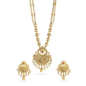 Rubans 24K Gold-Plated Pearl Beaded Temple Necklace Set with Kundan, Ruby &Emerald Accents for Womens & Girls