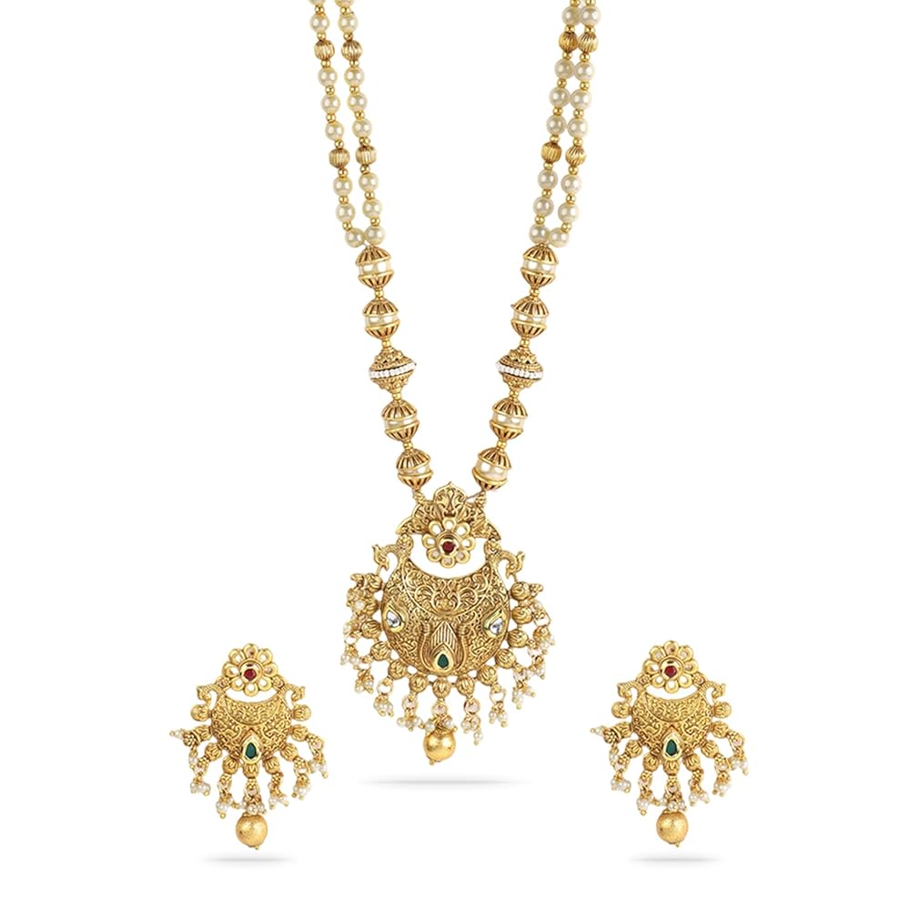 Rubans 24K Gold-Plated Pearl Beaded Temple Necklace Set with Kundan, Ruby &Emerald Accents for Womens & Girls