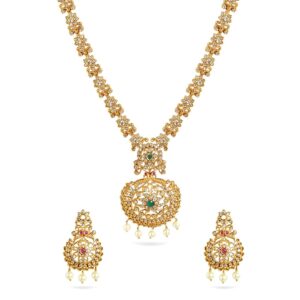 Rubans 24K Gold Plated Ruby & Emerald Stone Studded Temple Necklace Set with Pearl Beaded For Women