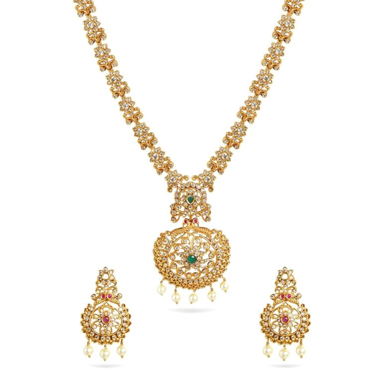 Rubans 24K Gold Plated Ruby & Emerald Stone Studded Temple Necklace Set with Pearl Beaded For Women