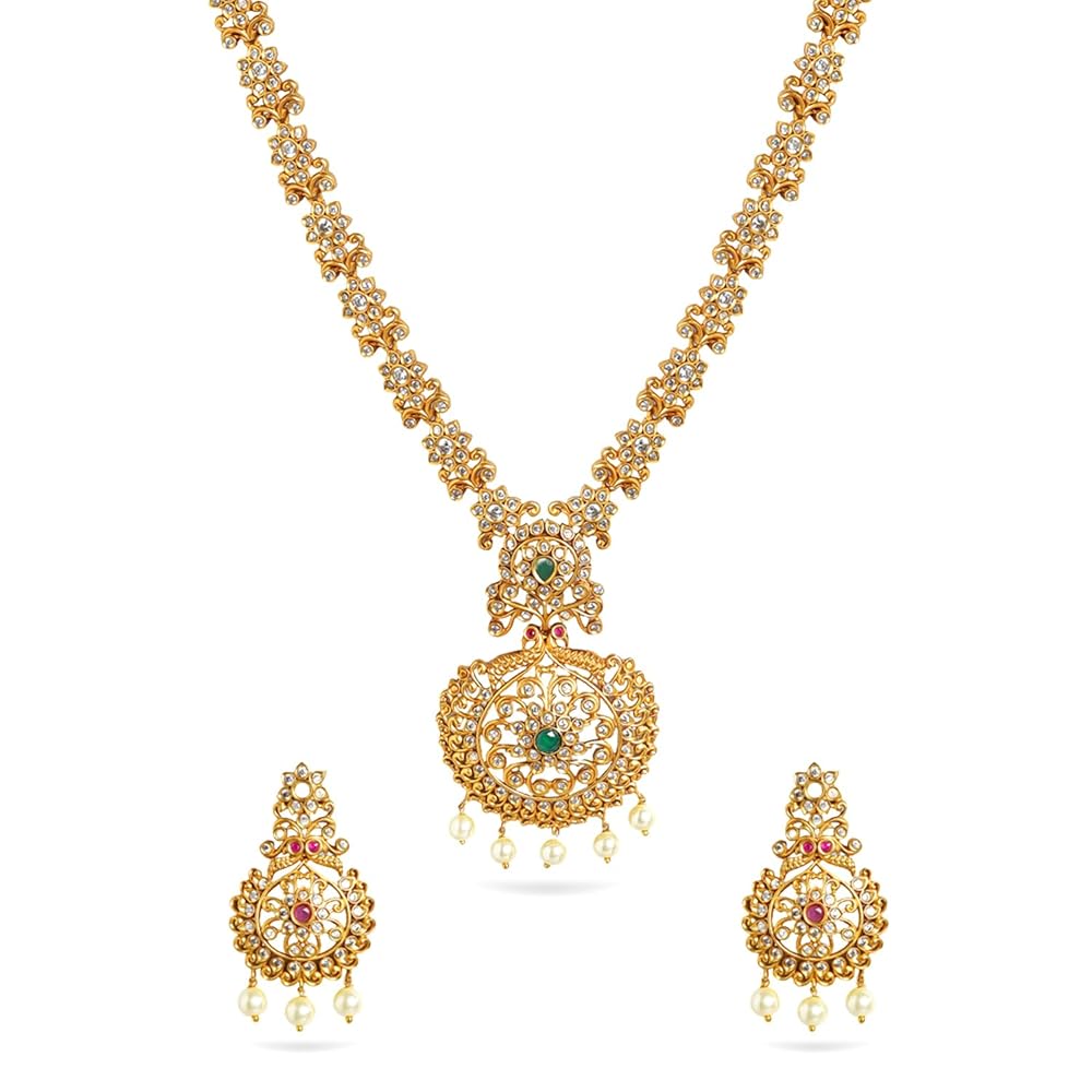 Rubans 24K Gold Plated Ruby & Emerald Stone Studded Temple Necklace Set with Pearl Beaded For Women