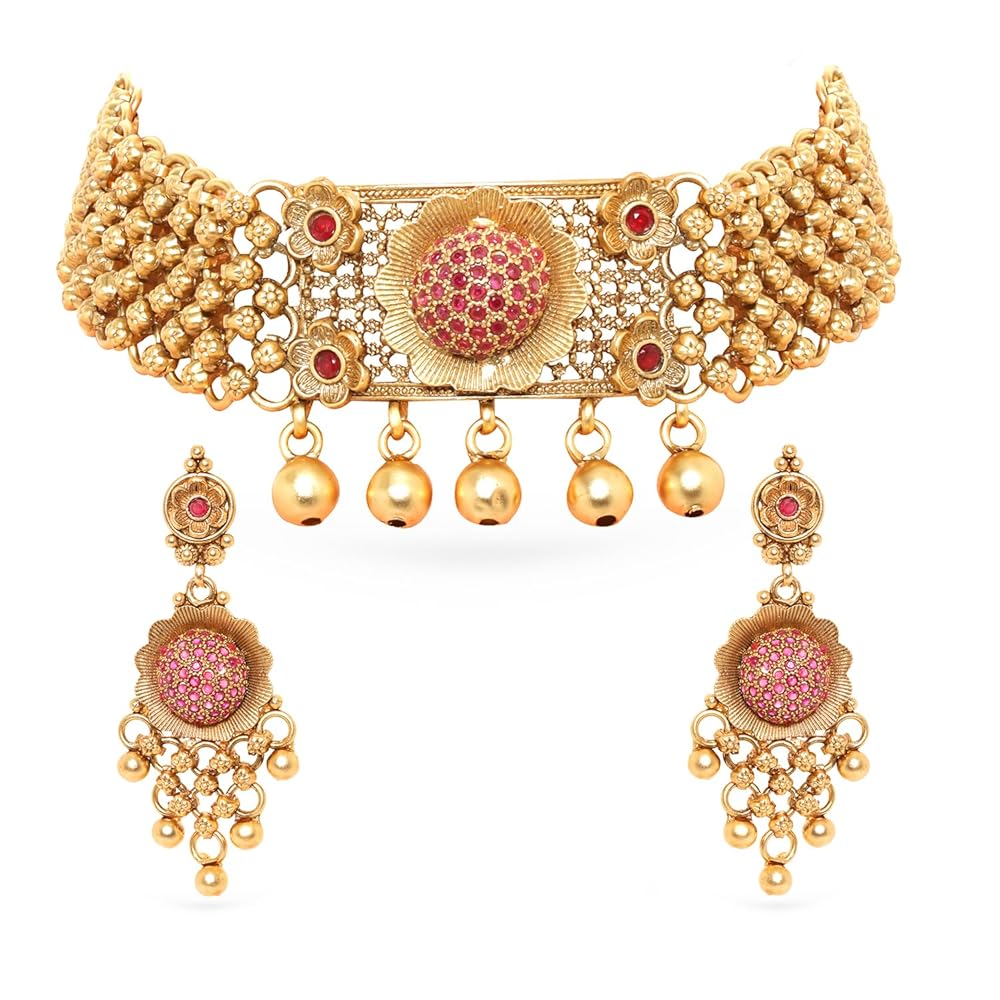 Rubans 24K Gold Plated Stylish Handcrafted Stone-Studded with Beads Traditional Temple Set with Earrings for Women & Girls, Ideal for any Festive & Wedding Occasions