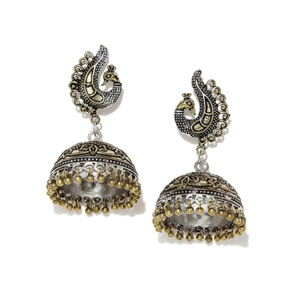Rubans Dual-Tone 18K Gold & Silver-Plated Peacock Motif Jhumka Earrings for Women & Girls