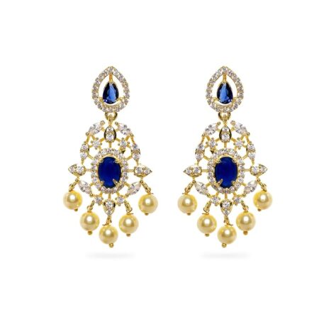 Rubans Gold Plated Blue Sapphire and CZ Studded Gold Beaded Handcrafted Traditional Drop Earrings for Women & Girls Perfect for any Wedding | Festive Occasion