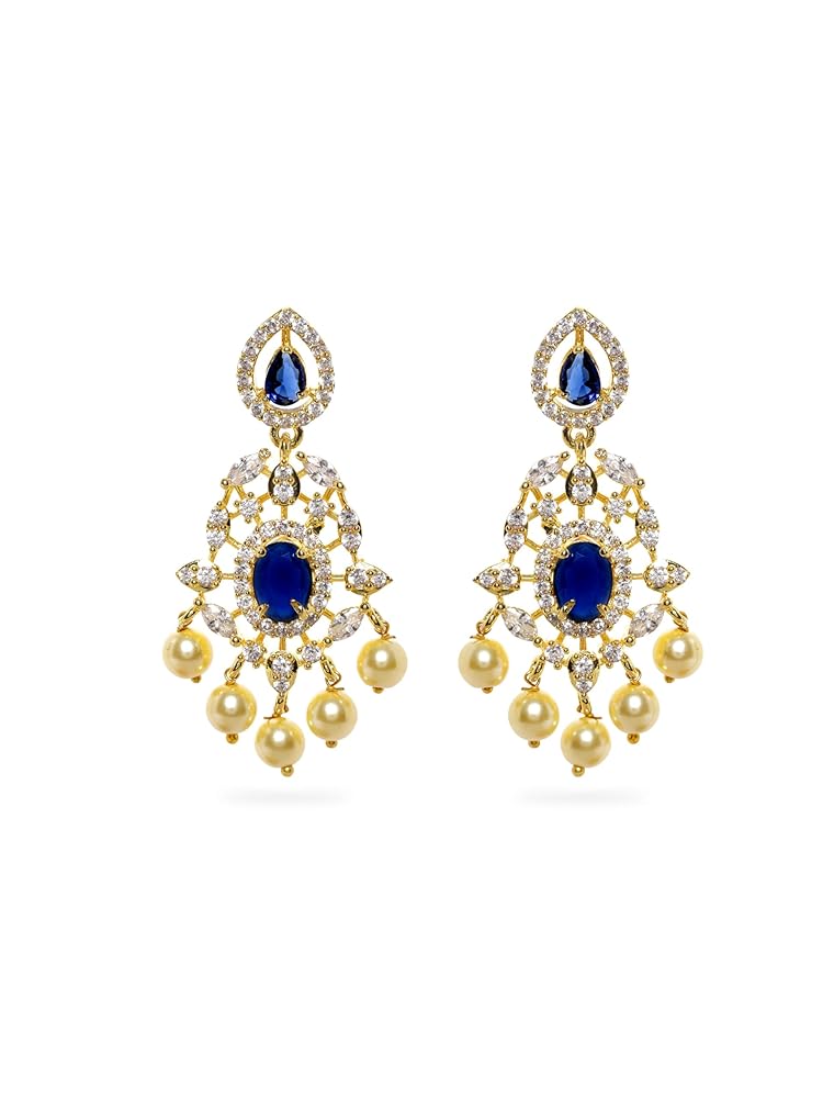Rubans Gold Plated Blue Sapphire and CZ Studded Gold Beaded Handcrafted Traditional Drop Earrings for Women & Girls Perfect for any Wedding | Festive Occasion