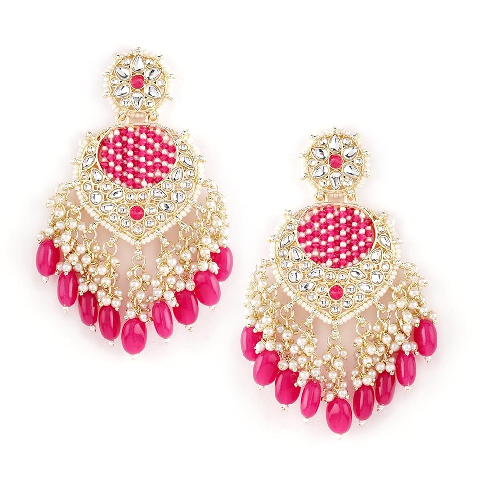 Rubans Gold Plated Chandbali Earrings With Pink And White Beads For Women