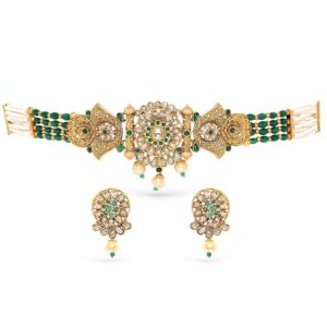 Rubans Gold-Plated Emeral Kundan Stone-Studded Pearl Beaded Choker Jewellery Set For Women