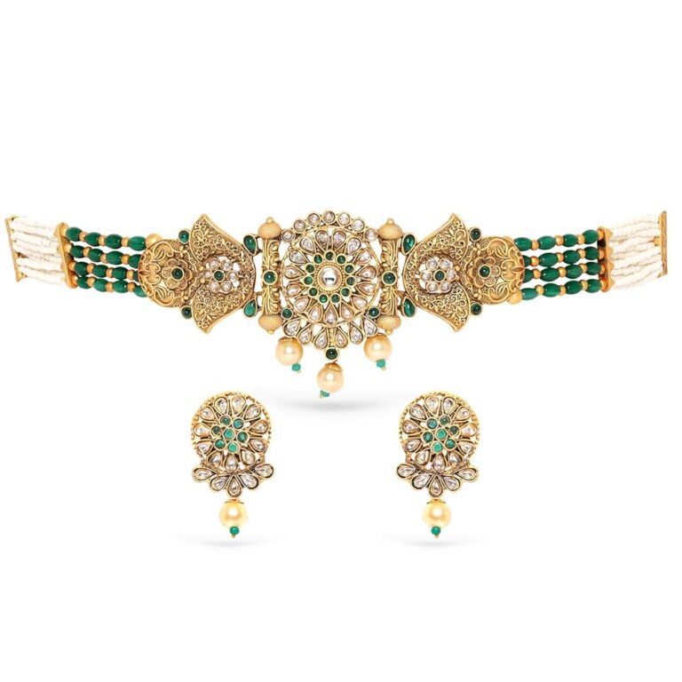 Rubans Gold-Plated Emeral Kundan Stone-Studded Pearl Beaded Choker Jewellery Set For Women