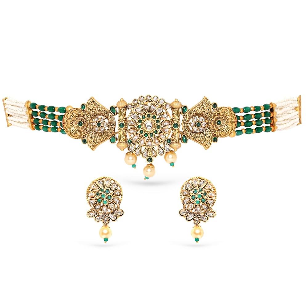 Rubans Gold-Plated Emeral Kundan Stone-Studded Pearl Beaded Choker Jewellery Set For Women