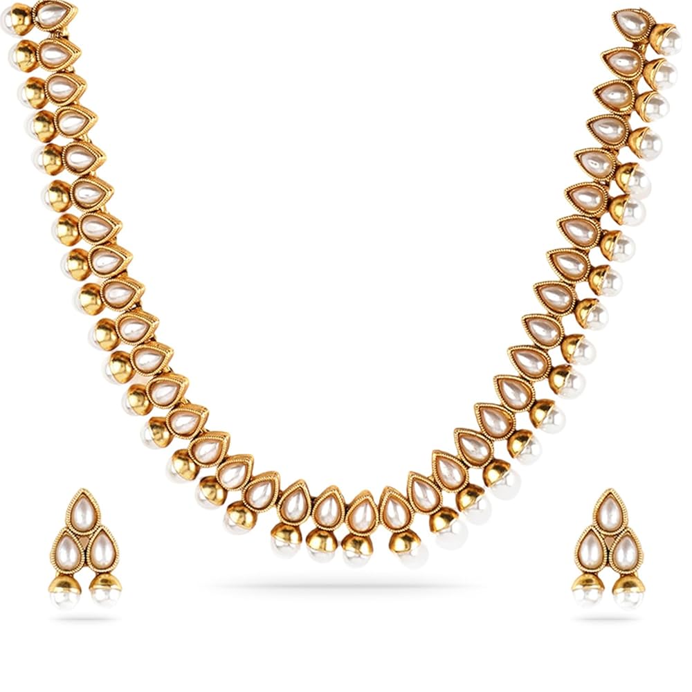 Rubans Gold-Plated Handcrafted Artificial Jewelry Choker Set with White Pearl Beaded-Stone Studded & Matching Earrings For Women and Girls – Perfect for Weddings and Special...