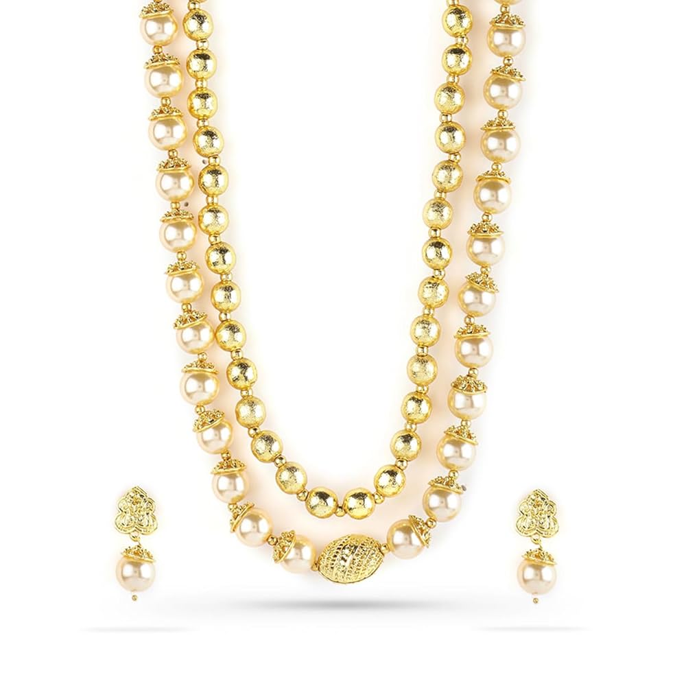 Rubans Gold-Plated Handcrafted Artificial Jewelry Set White Pearl Studded with Matching Earrings For Women and Girls – Perfect for Weddings and Special Occasions