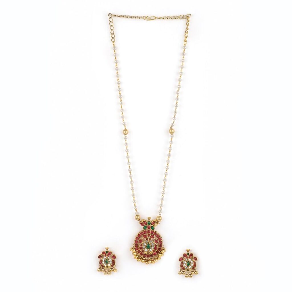 Rubans Gold-Plated Handcrafted Artificial Jewelry Set with Ruby, White Emerald Studs & Gold-White Beads with Earrings For Women and Girls – Perfect for Weddings and Special...