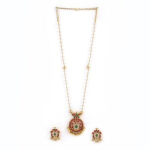 Rubans Gold-Plated Handcrafted Artificial Jewelry Set with Ruby, White Emerald Studs & Gold-White Beads with Earrings For Women and Girls – Perfect for Weddings and Special...