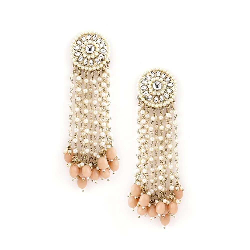 Rubans Gold Plated Handcrafted Kundan & Pink Beads Drop Earrings For Women