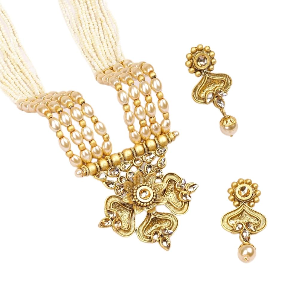 Rubans Gold Plated Handcrafted Kundan & white Beads Necklace Set For Women