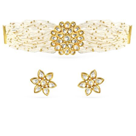 Rubans Gold-Plated Kundan Studded White Beaded Choker Necklace Set with Floral Earrings for Women & Girls, Perfect for Weddings & Festive