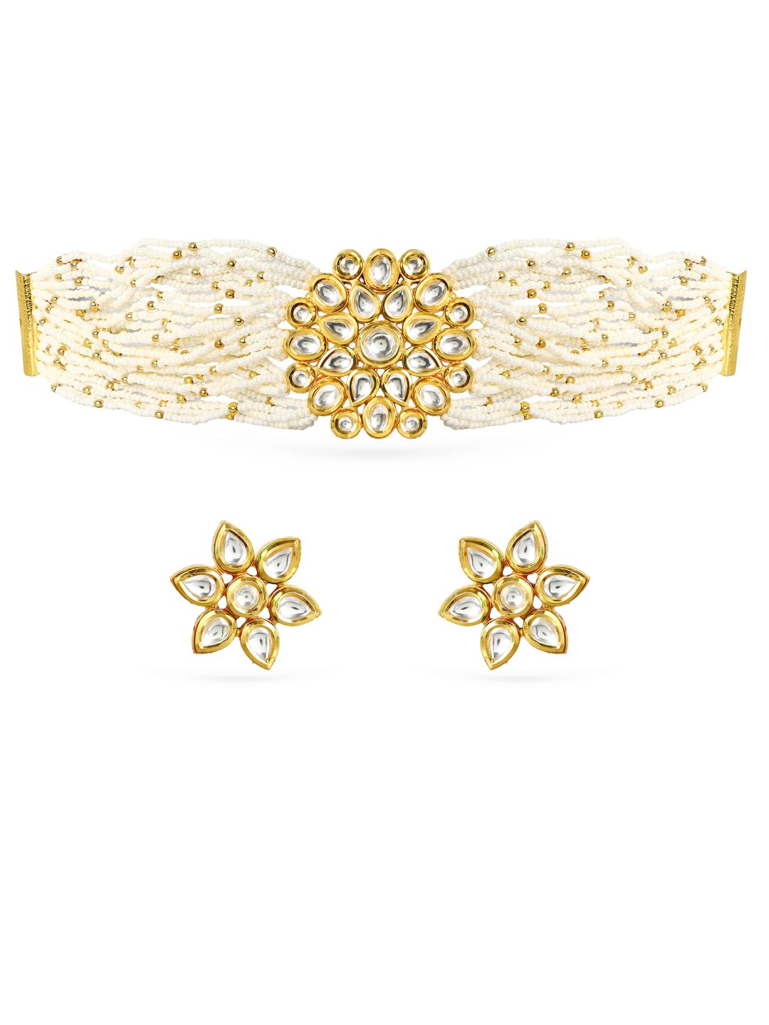 Rubans Gold-Plated Kundan Studded White Beaded Choker Necklace Set with Floral Earrings for Women & Girls, Perfect for Weddings & Festive