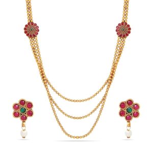 Rubans Gold-Plated Layered Handcrafted Artificial Jewelry Set with Ruby Stoned And Matching Earrings For Women and Girls – Perfect for Weddings and Special Occasions